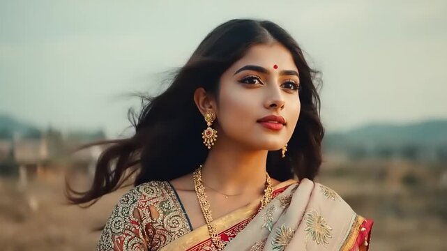 Elegant woman with saree in nature, looking ahead, hair blowing in wind