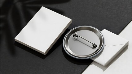 Blank button badge with white cards on a dark textured surface