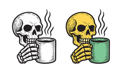 Illustration of skull holding hot coffee mug, creepy unique design for poster and tshirt
