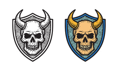 Illustration of horned skull with shield, dark horror style for tattoo and logo.