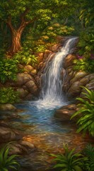 Fototapeta premium Lush waterfall cascades over rocks into a clear pool, surrounded by dense foliage. Tree trunk visible on the left. Vivid colors and painterly style