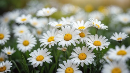 Fototapeta premium Cluster of daisies with white petals and yellow centers in a garden setting.