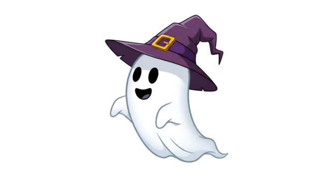 A cheerful cartoon ghost floats, wearing a purple witch's hat.