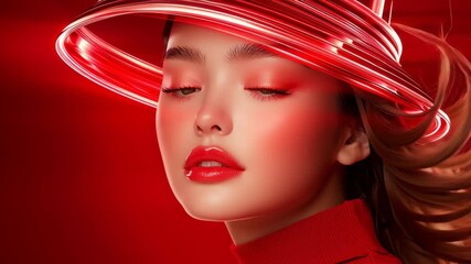 A woman's elegance and style are beautifully highlighted in this close-up, featuring a striking red design that accentuates her natural beauty with radiant hues. 