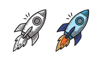 Illustration of rocket blasting with fire, retro doodle style for tshirt and sticker.