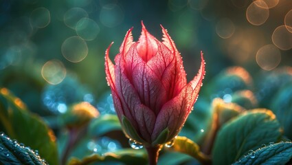 Close-up of a pink flower bud with dew drops and a bokeh background. Nature and floral concept. The beauty of plants and gardening.