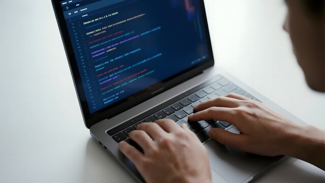 Programmer coding on a laptop with colorful syntax-highlighted text