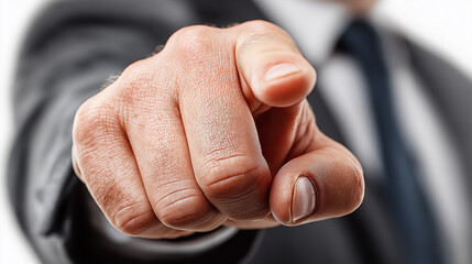 Hyper-Realistic Close-Up of Businessman’s Finger Pressing, Isolated on White Background