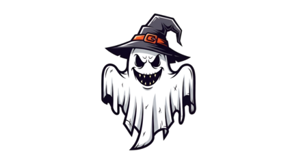 A spooky cartoon ghost wearing a witch's hat with a menacing grin for Halloween.