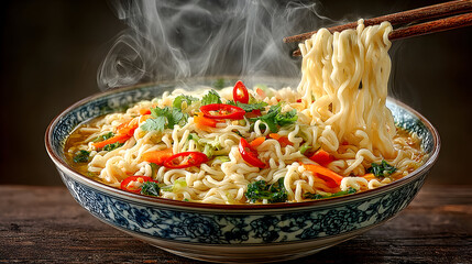 A bowl of steaming noodles with chopsticks lifting some noodles, on a wooden table.