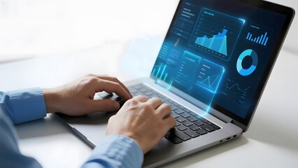 Person using a laptop with advanced data analytics displayed on the screen