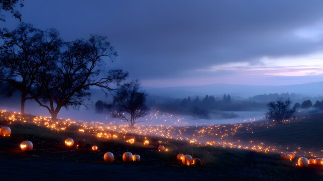 Magical Halloween pumpkin farm at dusk with glowing pumpkins, foggy rolling hills, and silhouetted trees creating a cinematic festive autumn landscape