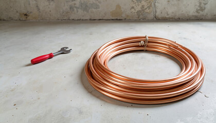 Copper tubing coil with adjustable wrench on concrete floor  