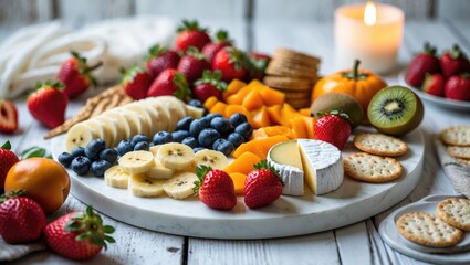 Obraz premium A fruit and cheese platter with strawberries, blueberries, bananas, oranges, kiwi, and assorted crackers on a rustic table with a lit candle.