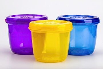 Three colorful plastic food storage containers
