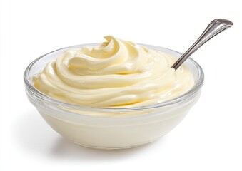Creamy, pale yellow sauce in a glass bowl, with a spoon