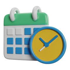 3D Calendar and Clock Icon with Green and Yellow Accents for Time Management and Scheduling on Transparent Backdrop