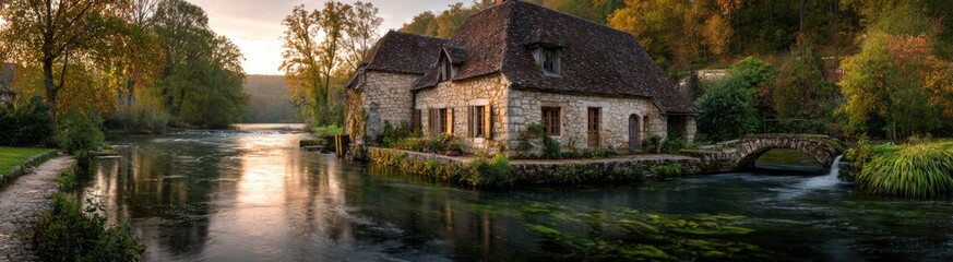 Fototapeta premium A serene, stone cottage sits beside a tranquil river, reflecting autumnal colors in the calm water. A picturesque stone bridge spans the water, showcasing a tranquil autumn scene.