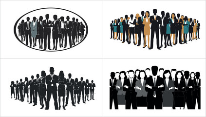 Diverse group of business professionals in various poses and arrangements for teamwork
