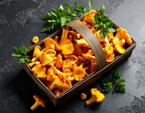 Fresh chanterelle mushrooms in a wooden basket - Powered by Adobe