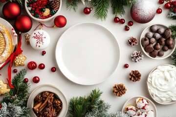 Christmas-Themed Flat Lay with Empty Plate Surrounded by Holiday Decor