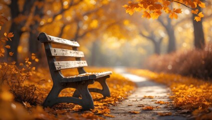 Autumn park scene with a bench and colorful fall leaves along a pathway.