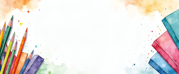 Vibrant Watercolor Frame with Colorful Books and Pencils for International Literacy Day - Creative Space for Literacy Themes