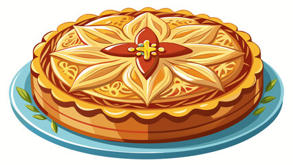 Almond-based Tarta de Santiago, dusted with sugar and cross emblem, sits gracefully. Isolated background highlights Galicia&rsquo;s heritage, simplicity, and elegant presentation of Spanish pastry culture.