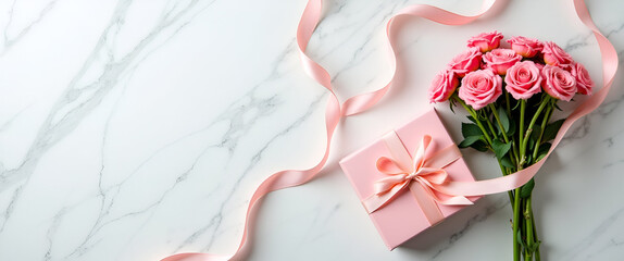 Professional flat lay photo of a floral arrangement in a gift box with ribbon and greeting card on a marble surface, perfect for Mother's Day celebration and gifting concept.