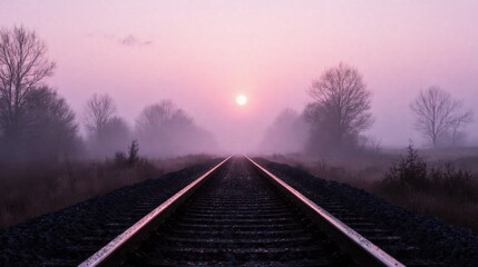 Fototapeta premium Misty railway tracks at dawn with a vibrant pink sky and distant sun