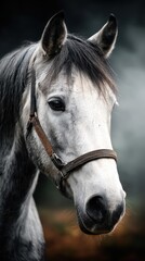 Fototapeta premium Majestic gray horse standing proudly in a tranquil setting with soft focus background
