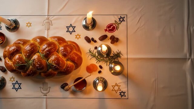 Braided challah bread on a tablecloth with candles fruit and Jewish symbols
