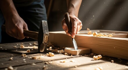 Woodworker Carving Wood with Hammer and Chisel.