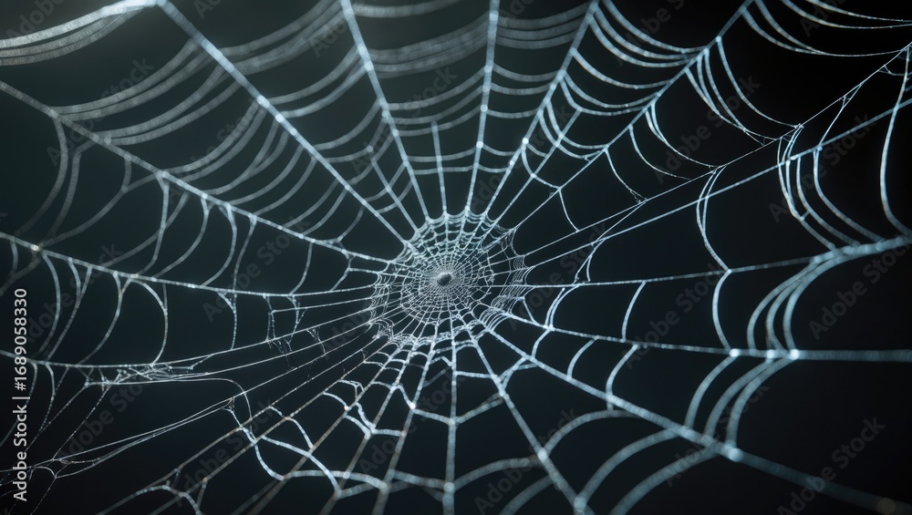 Wall mural Spider web pattern with intricate details in a dark setting.