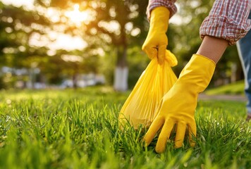 Hands in yellow gloves picking up trash in a yellow bag from a lush green lawn, sunlight dappling the scene