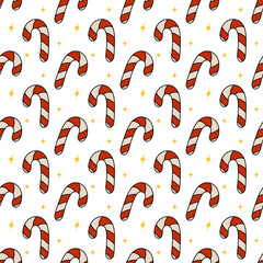 Seamless vector Christmas pattern with red candy cane and golden stars. Perfect for holiday wrapping paper, festive decoration, greeting cards, and seasonal design.