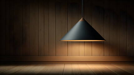A dark gray conical pendant lamp hangs against a dark brown wooden wall.