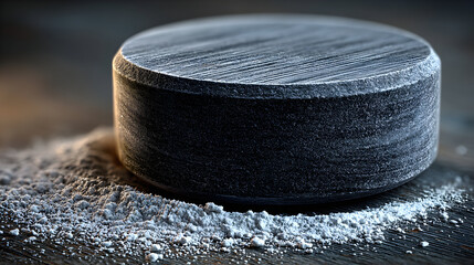 A dark gray hockey puck resting on a surface with gray powder around it.