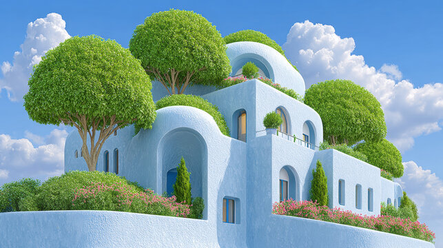 Green world, A stylized building with lush greenery under a blue sky and fluffy clouds. - Powered by Adobe