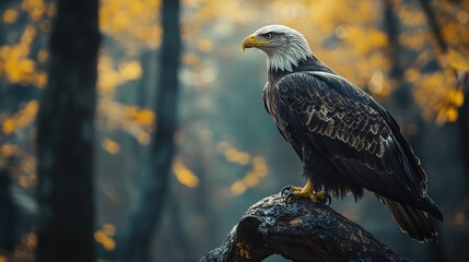 High-resolution close-up of eagle perched on tree bark