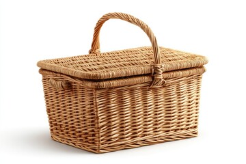 Rectangular woven picnic basket, light beige color, with a lid, angled slightly, isolated on a white background