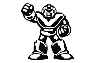 Pixelated Robot Mascot with Raised Fists Design on White Background