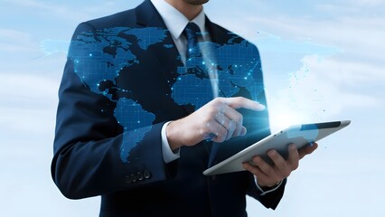 Businessman interacting with a digital tablet and a holographic world map