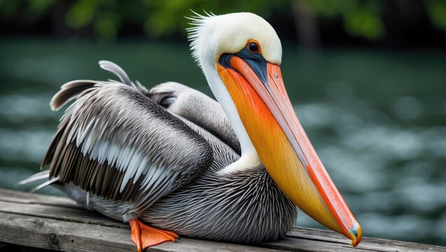 A pelican resting on a dock with water in the background.