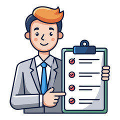 Professional male lawyer vector illustration holding clipboard with checklist of tasks, symbolizing legal guidance, justice, law consultation, and attorney services.