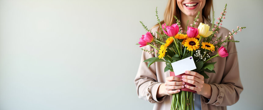 Photo realistic individual blended with a florist bouquet and gift card, symbolizing American floral shopping, with ample copy space for personalized messages.