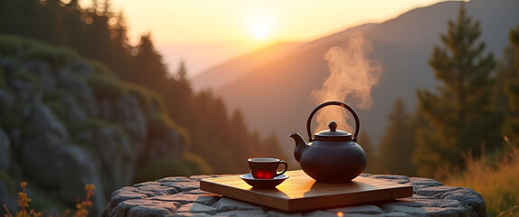 Corner Table Set with Cast-Iron Teapot and Steaming Mountain Tea Overlooking Sunrise-Lit Ridgeline Framed by Pine Forest - Tranquil Nature Concept with Empty Space