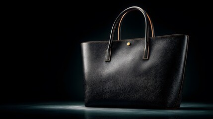 Minimalist and luxurious studio product shot of a high-end black Italian leather tote bag, with dramatic lighting highlighting its fine texture.