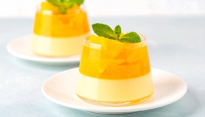 Layered orange dessert, topped with mint