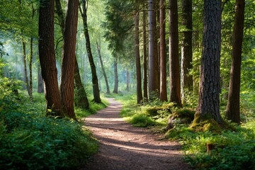 Obraz premium Forest path hiking trail nature walk peaceful woodland sunlight trees outdoor adventure